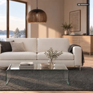 Natuzzi Editions Sollievo-nahkasohva, valkoinen. Tekoälytyökalulla luotu miljöökuva.