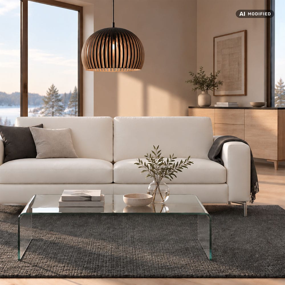 Natuzzi Editions Sollievo-nahkasohva, valkoinen. Tekoälytyökalulla luotu miljöökuva.
