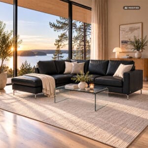 Natuzzi Editions Sollievo-kulmasohva. Tekoälyllä lavastettu miljöökuva.
