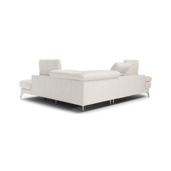 Natuzzi Editions Dado-kulmadivaanisohva, valkoinen nahkaverhoilu ja kromijalat, takaperspektiivi