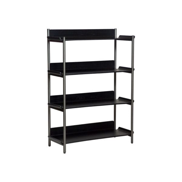 Dan-form Friyay-kirjahylly 122 cm korkea, mustat saarnihyllyt ja tummanharmaa runko