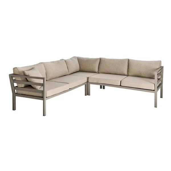 Brafab Vevi-kulmasohva ulos, beige/hiekka pehmusteet ja khakin värinen runko