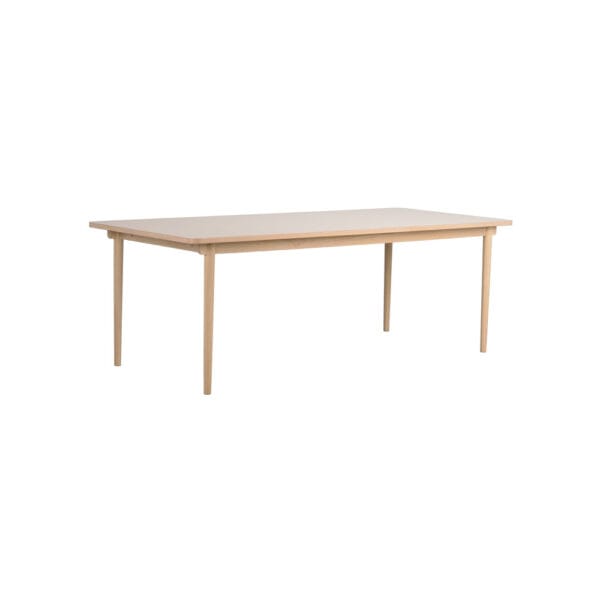 Rowico Fairmount-ruokapöytä, jatkettava. Valkopesty tammirunko, beige laminaattikansi