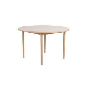 Rowico Fairmount-ruokapöytä, pyöreä. Valkopesty FSC-tammi, beige laminaattikansi.