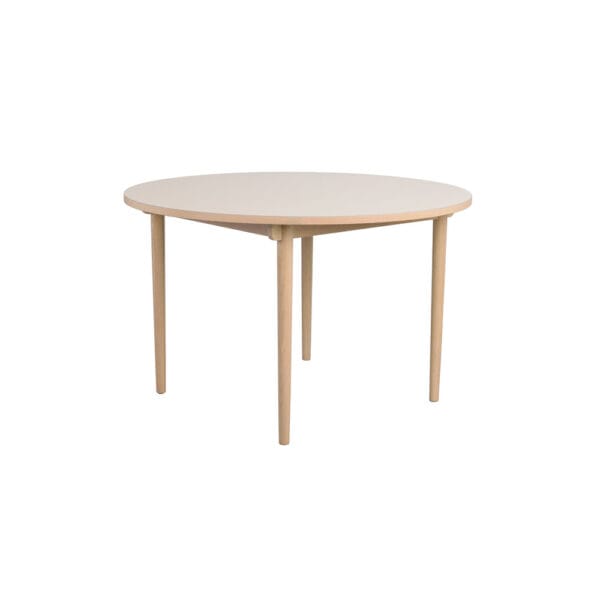 Rowico Fairmount-ruokapöytä, pyöreä. Valkopesty FSC-tammi, beige laminaattikansi.