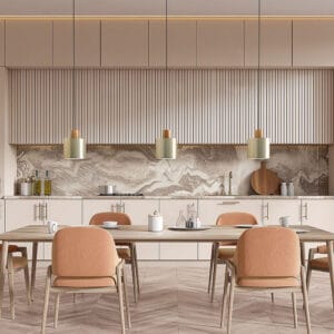 Valaisin Grönlund Log 20 -riippuvalaisin, harjattu messinki. Miljöökuva.