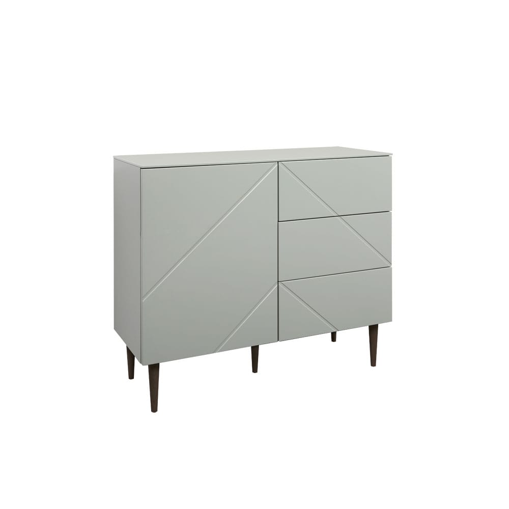 Hiipakka Vilja-lipasto V2.2, oliivin vihreä, mustat jalat. Laatikosto edestä katsottuna oikealla.