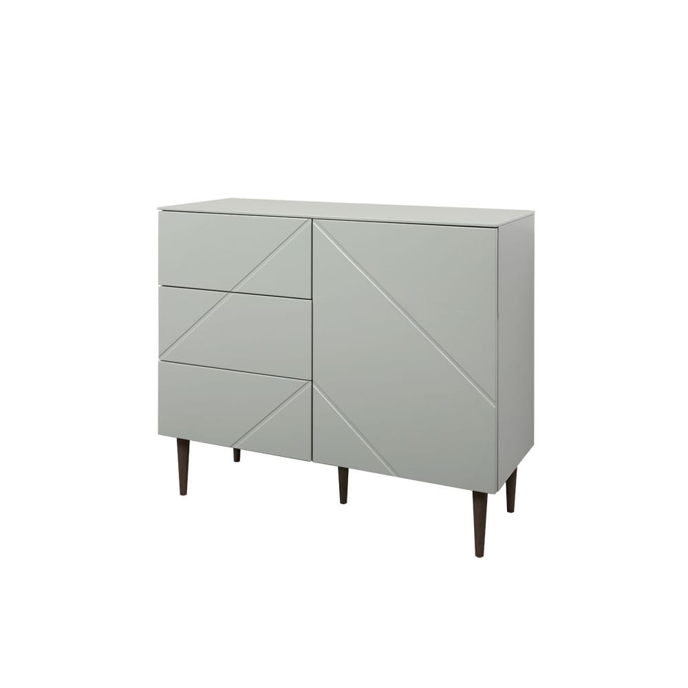 Hiipakka Vilja-lipasto V2.2, oliivin vihreä, mustat jalat. Laatikosto edestä katsottuna vasemmalla.