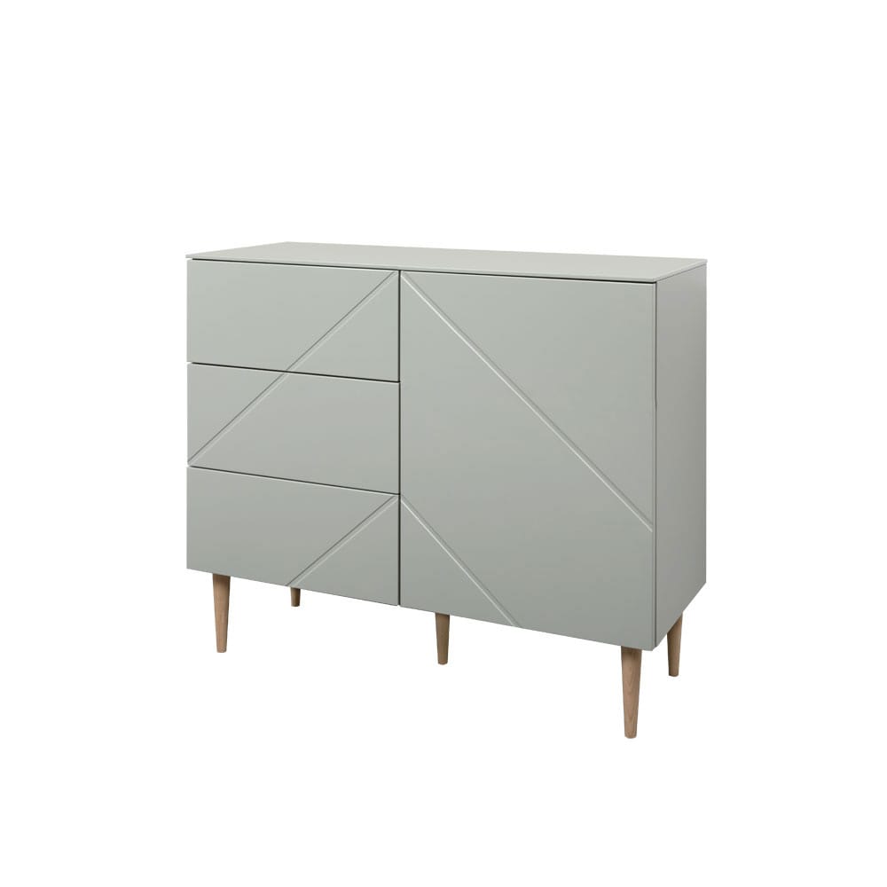 Hiipakka Vilja-lipasto V2.2, oliivin vihreä, tammijalat. Laatikosto edestä katsottuna vasemmalla.