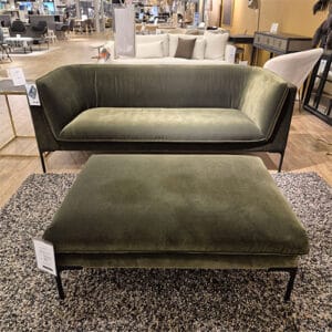 KruunuDesign Frej-sohva + rahi, outlet Oulu. Vihreä sametti.